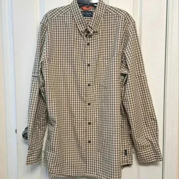 Chaps Men's Dress Shirt Medium 16.5 Roll Tab Sleeve  Green Tan White Long Sleeve - Picture 1 of 13